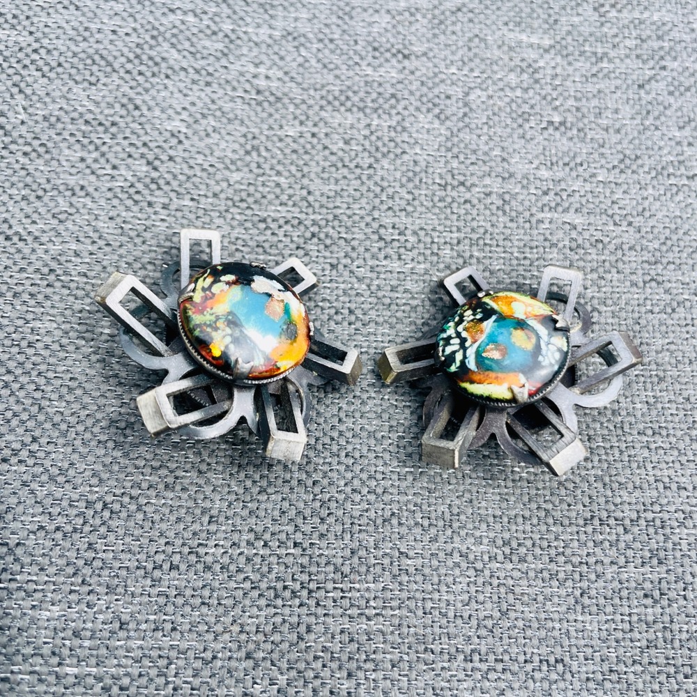 Vintage Brutalist Earrings Dichroic Glass Cabochons Clip On Architectural Gothic